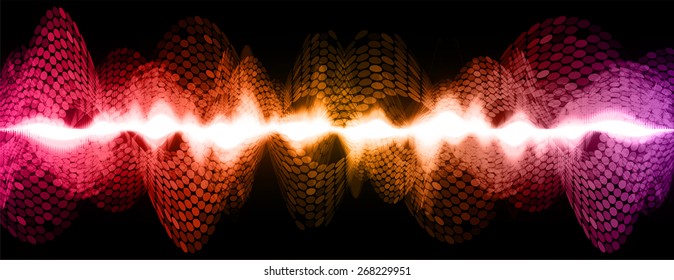 Sound waves oscillating glow pink orange purple light, Abstract technology background. Vector. black background.