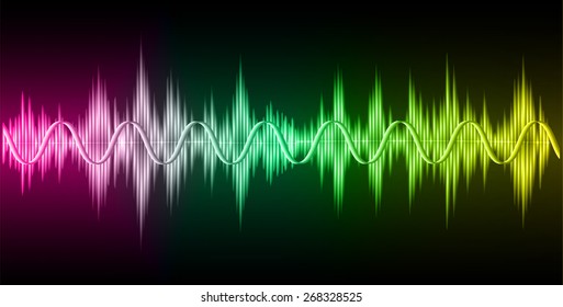 Sound waves oscillating glow pink green yellow light, Abstract technology background. Vector. black background.