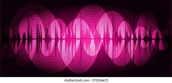 Sound waves oscillating glow pink light, Abstract technology background and business. Vector. infographics. volume. dark background