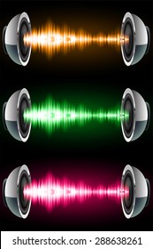 Sound waves oscillating glow pink orange green light, Abstract technology background. Vector. Headphones. loudspeaker