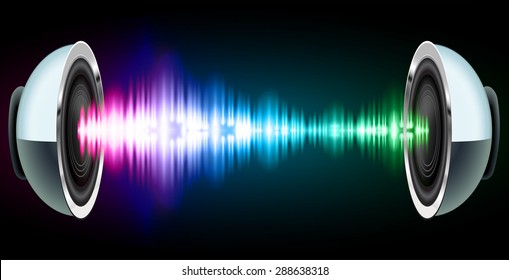 Sound waves oscillating glow pink blue green light, Abstract technology background. Vector. Headphones. loudspeaker