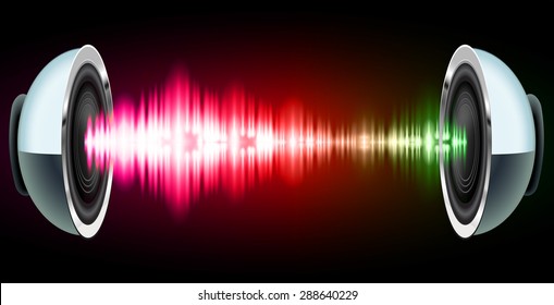 Sound waves oscillating glow pink red green light, Abstract technology background. Vector. Headphones. loudspeaker. infographics
