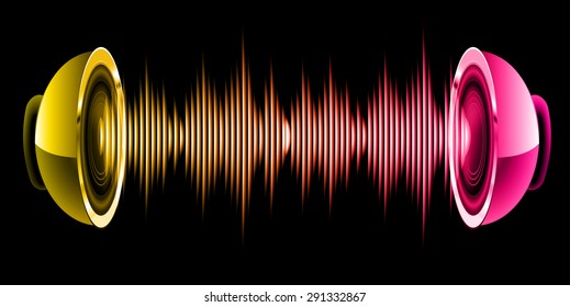 Sound waves oscillating glow pink yellow light, Abstract technology background. Vector. Headphones. loudspeaker