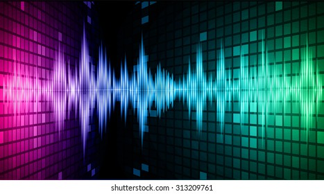 Sound waves oscillating glow pink green blue light, Abstract technology background. Vector.