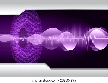 Sound waves oscillating glow purple light, Abstract technology graphic computer background. Vector. 