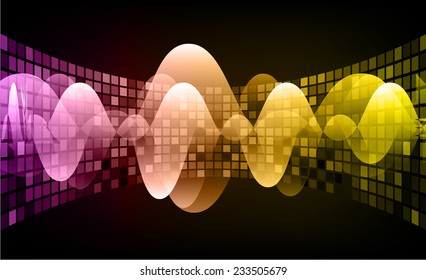 Sound waves oscillating glow purple brown yellow light, Abstract technology graphic computer background. Vector. 