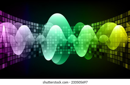 Sound waves oscillating glow purple blue yellow light, Abstract technology graphic computer background. Vector. 