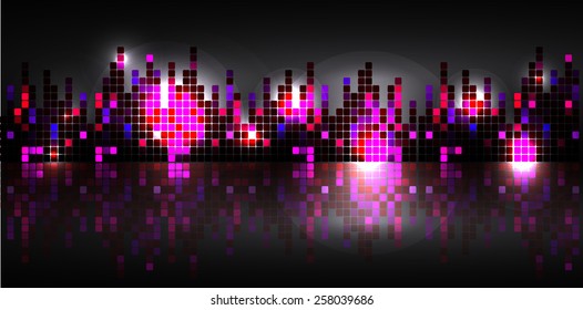 Sound waves oscillating glow purple light, Abstract technology background. Vector. city. building