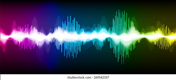 Sound waves oscillating glow purple blue green yellow light, Abstract technology background. Vector. black background. 