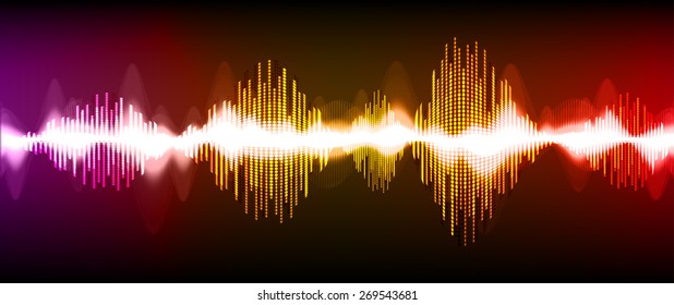 Sound waves oscillating glow purple orange red light, Abstract technology background. Vector. black background. 
