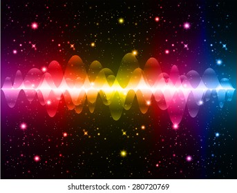 Sound waves oscillating glow purple red yellow pink blue light, Abstract technology background. Vector. star. neon.