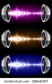 Sound waves oscillating glow purple brown blue light, Abstract technology background. Vector. Headphones. loudspeaker. infographics