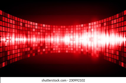 Sound waves oscillating glow red light, Abstract graphic computer technology background. Vector. pixels mosaic background.