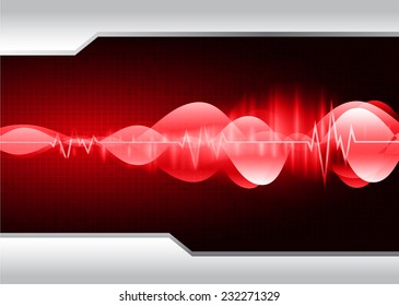 Sound waves oscillating glow red light, Abstract technology graphic computer background. Vector. 