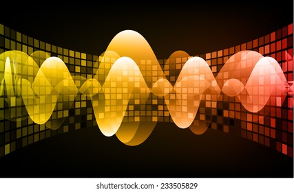 Sound waves oscillating glow red yellow light, Abstract technology graphic computer background. Vector. 