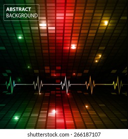 Sound waves oscillating glow red green orange light, Abstract technology background. Vector. pulse. Pixel, mosaic, table