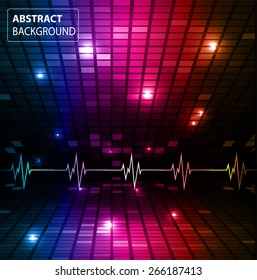 Sound waves oscillating glow red blue purple light, Abstract technology background. Vector. pulse. Pixel, mosaic, table