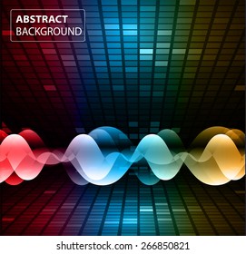 Sound waves oscillating glow red blue orange light, Abstract technology background. Vector.