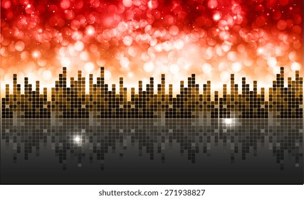 Sound waves oscillating glow red orange light, Abstract technology background. Vector. city. building. bokeh. star