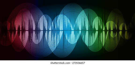 Sound waves oscillating glow red blue yellow light, Abstract technology background and business. Vector. infographics. volume. dark background