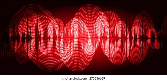Sound waves oscillating glow red light, Abstract technology background and business. Vector. infographics. volume. dark background