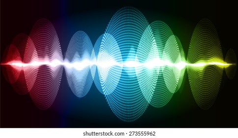Sound waves oscillating glow red blue yellow light, Abstract technology background. Vector. infographics