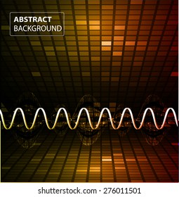 Sound waves oscillating glow red orange light, Vector. pixel. mosaic. table. dark Abstract Technology background for computer graphic website internet business. text box.card