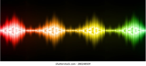 Sound waves oscillating glow red orange yellow green light, Abstract technology background. Vector.