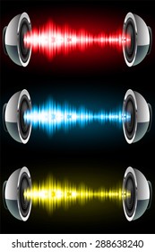Sound waves oscillating glow red blue yellow light, Abstract technology background. Vector. Headphones. loudspeaker