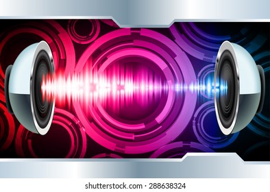 Sound waves oscillating glow red pink blue light, Abstract technology background. Vector. Headphones. loudspeaker