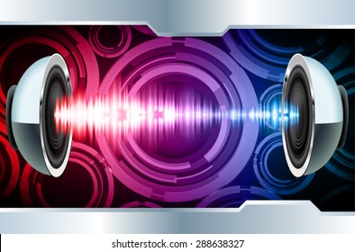 Sound waves oscillating glow red pink blue light, Abstract technology background. Vector. Headphones. loudspeaker