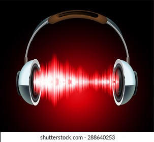 Sound waves oscillating glow red light, Abstract technology background. Vector. Headphones. loudspeaker