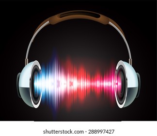 Sound waves oscillating glow red pink blue light, Abstract technology background. Vector. Headphones. loudspeaker