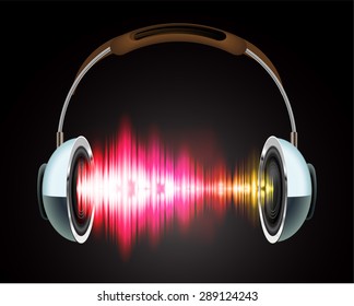 Sound waves oscillating glow red pink yellow light, Abstract technology background. Vector. Headphones. loudspeaker
