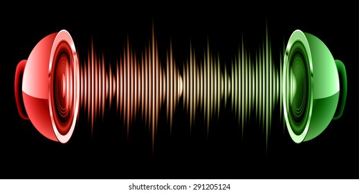 Sound waves oscillating glow red green light, Abstract technology background. Vector. Headphones. loudspeaker