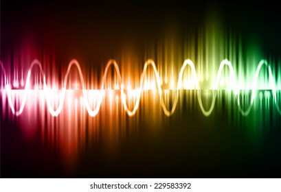 Sound waves oscillating glow yellow blue green light, Abstract technology background. Vector. 