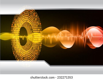 Sound waves oscillating glow yellow orange light, Abstract technology graphic computer background. Vector. 