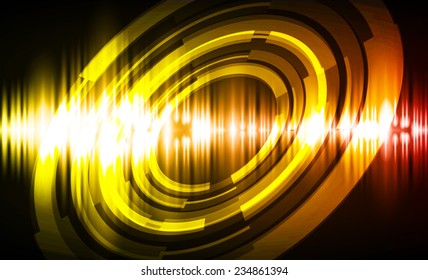 Sound waves oscillating glow yellow red light, Abstract technology background.