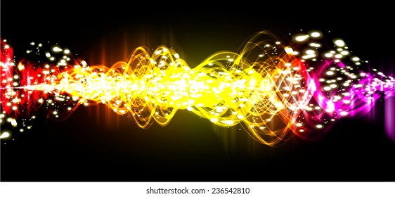 Sound waves oscillating glow yellow red purple light, Abstract technology background. Vector. 