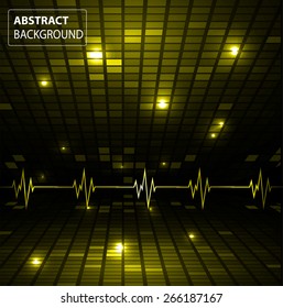 Sound waves oscillating glow yellow light, Abstract technology background. Vector. pulse. Pixel, mosaic, table