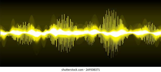Sound waves oscillating glow yellow light, Abstract technology background. Vector. black background. 