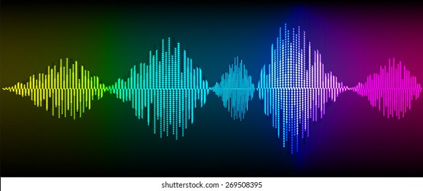 Sound waves oscillating glow yellow blue green pink light, Abstract technology background. Vector. black background. 