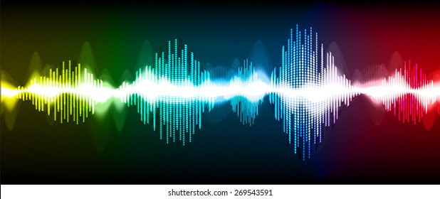 Sound waves oscillating glow yellow blue red light, Abstract technology background. Vector. black background. 