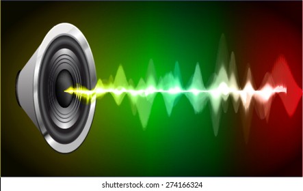 Sound waves oscillating glow yellow green red light, Abstract technology background. Vector. volume.