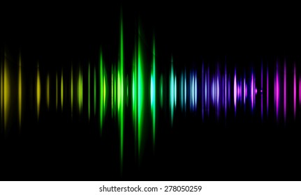 Olas de sonido oscilando luz verde amarillo violeta, fondo de tecnología abstracto. Vector. infografías. ondear