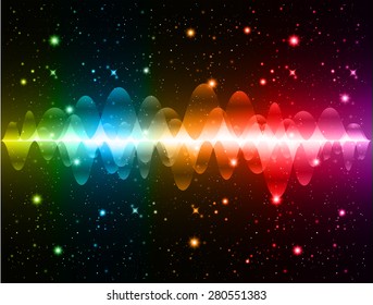 Sound waves oscillating glow yellow blue orange red purple colorful light, Abstract technology background. Vector. star. neon.