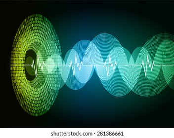 Sound waves oscillating glow yellow green blue light, Abstract technology background. Vector.