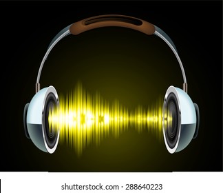 Sound waves oscillating glow yellow light, Abstract technology background. Vector. Headphones. loudspeaker