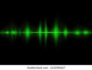 Sound waves oscillating. Green glow light frequency audio waveform on dark backdrop. Abstract wave voice graph signal technology background