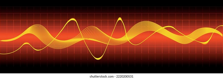 Sound Waves Oscillating. Light Frequency Audio Waveform On Dark Backdrop . Abstract Wave Voice Signal. Red Digital Equalizer Technology Background 